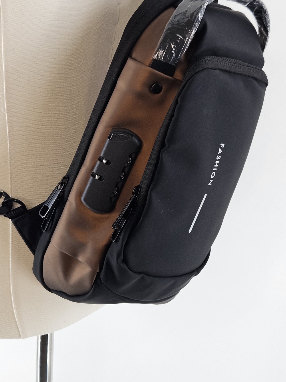 Men's Black and Brown Crossbody Sling Bag with Built-In Lock